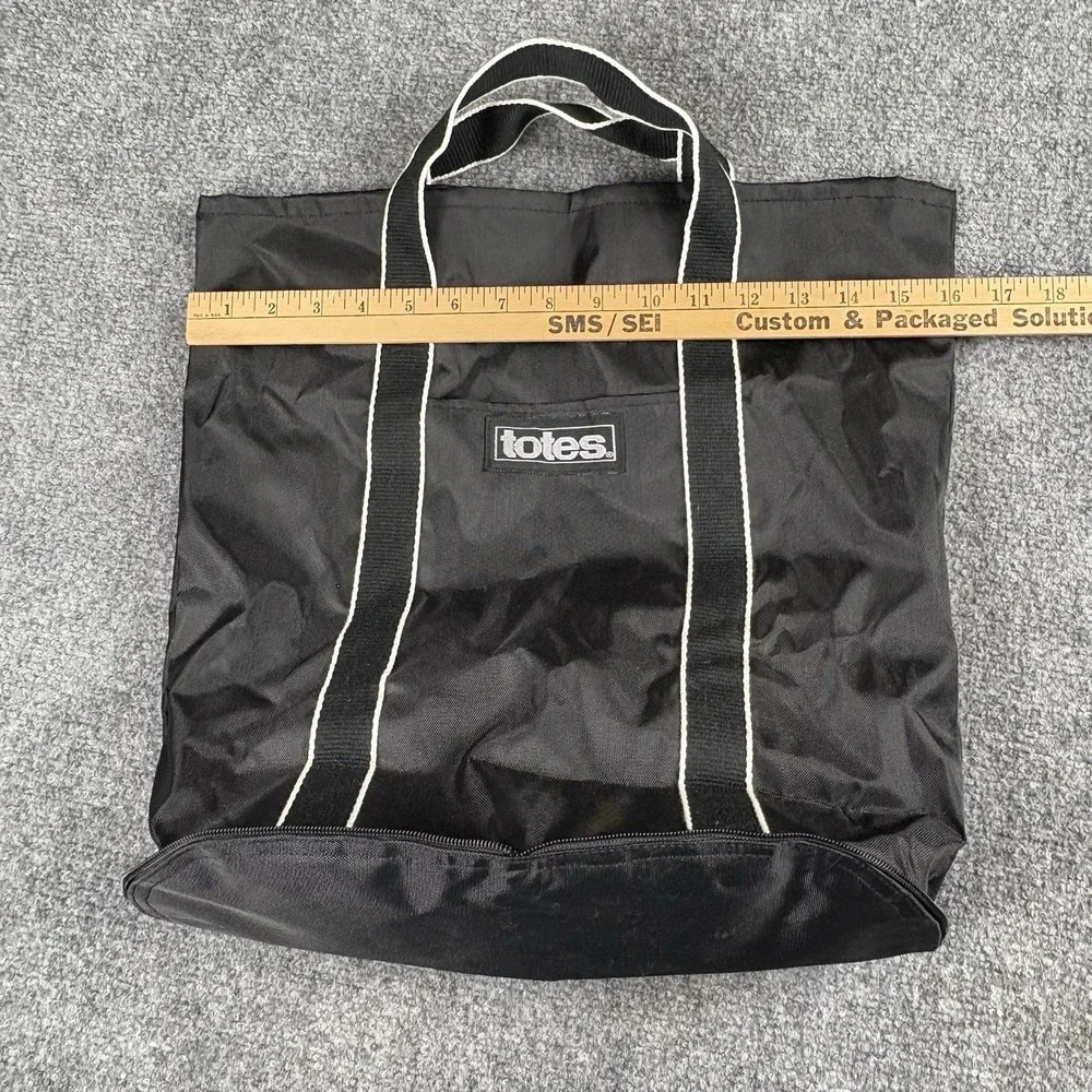 Y2K TOTES Black Nylon Tote Bag Collapses Into Small Zip Pouch Casual Utility VTG